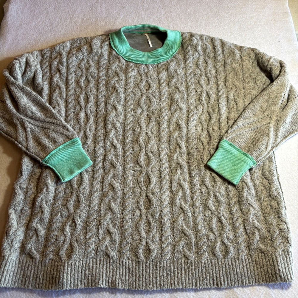 Free People Womens XS Olympia Cable Knit Pullover Sweater Gray Cotton Blend